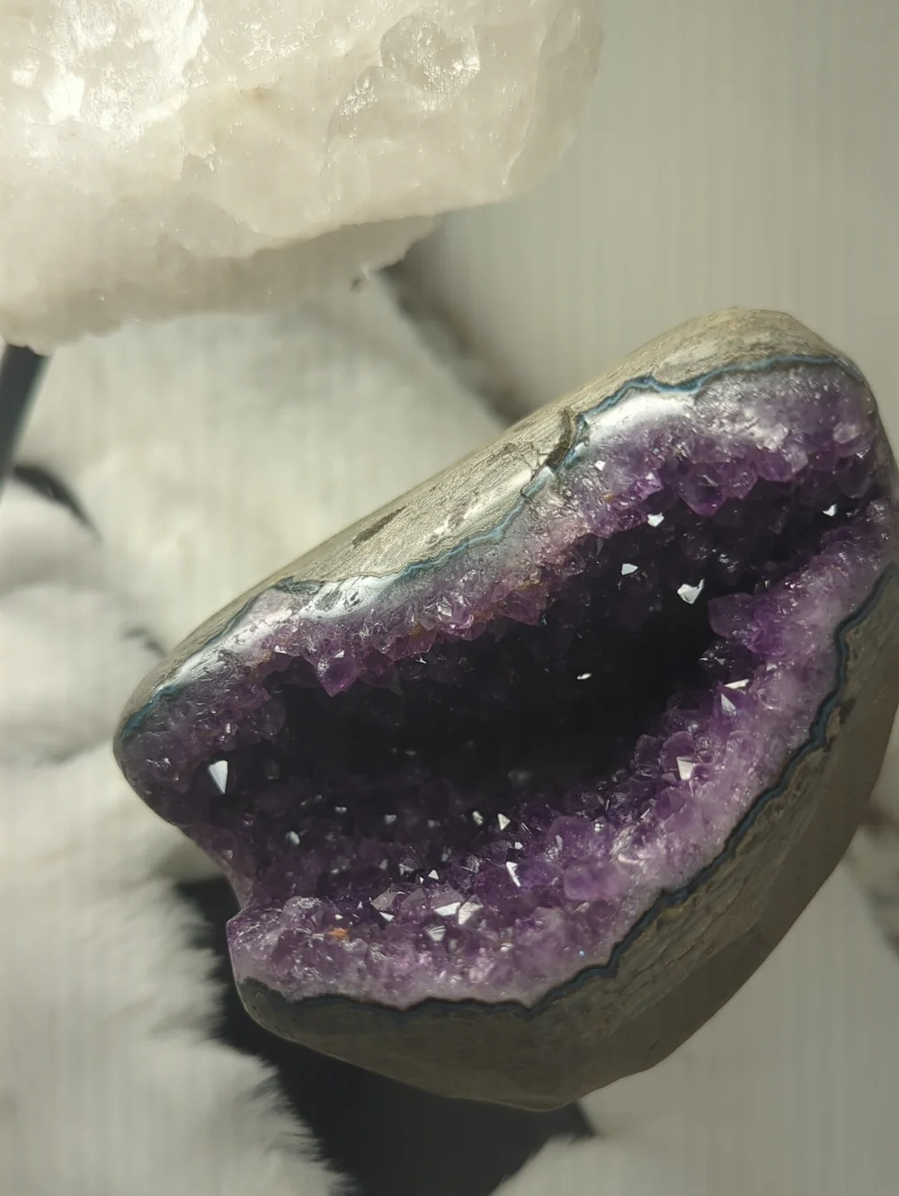Natural Amethyst Geode And Quartz White Crystal Home Accent - Mounted On Stands.